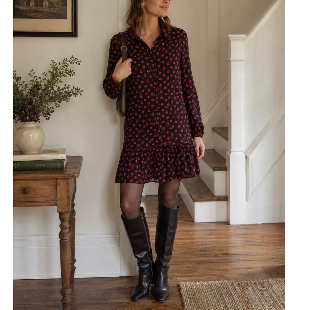 Boden Red Floral Long Peasant Sleeve Drop Waist Ruffle Tiered Dress Size 10